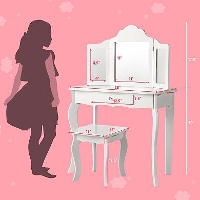 Costway Kid Vanity Table Set with Tri-folding Mirror 2-in-1 Makeup Dressing Table Stool Set