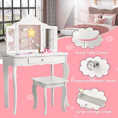 Costway Kid Vanity Table Set with Tri-folding Mirror 2-in-1 Makeup Dressing Table Stool Set