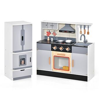 Wooden Chef Pretend Play Kitchen Set with Refrigerator and Range Hood