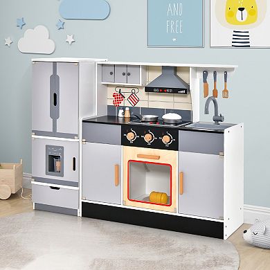 Wooden Chef Pretend Play Kitchen Set with Refrigerator and Range Hood