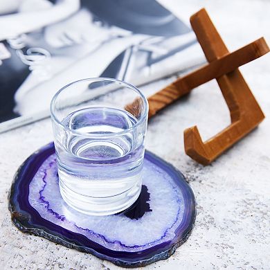 Luxury Lane Large Natural Brazilian Agate Drink Coaster with Wood Holder
