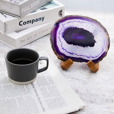 Luxury Lane Large Natural Brazilian Agate Drink Coaster with Wood Holder