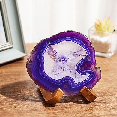Luxury Lane Large Natural Brazilian Agate Drink Coaster with Wood Holder