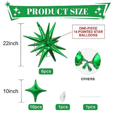 6 Pcs Green Star Balloons with 10 Pcs Four Angle Balloons for Halloween and Party Decorations