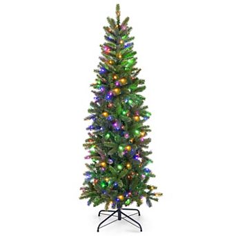 Gymax 5FT Hinged Pre-lit Christmas Slim Pencil Tree w/ 10 Lighting Modes & 390 Tips