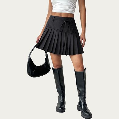Women’s Pleated Mini Skirt with Structured Waistband Adjustable Tie Detail and Crisp Folded Panels