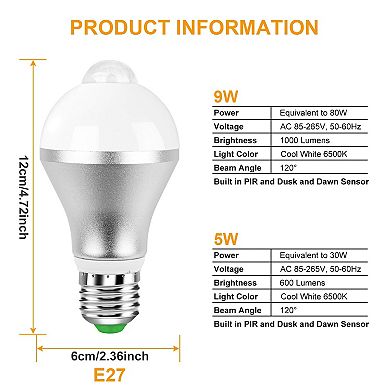E27 Motion Sensor LED Bulb 9W,5W, 1000 lm. 6500K Auto On,Off Dusk-to-Dawn, Indoor, Outdoor