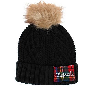 David & Young Women's Blessed Plaid Patch Knit Winter Beanie with Pom