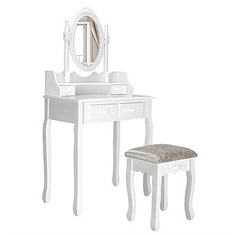 Costway Vanity Wood Makeup Dressing Table Stool Jewelry Desk 4 White