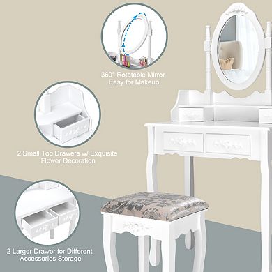 Costway Vanity Wood Makeup Dressing Table Stool Jewelry Desk 4 White