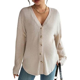 Women Maternity Fall Oversized Ribbed Cardigan Long Sleeve Shirt V Neck Button Front Casual Knit Top