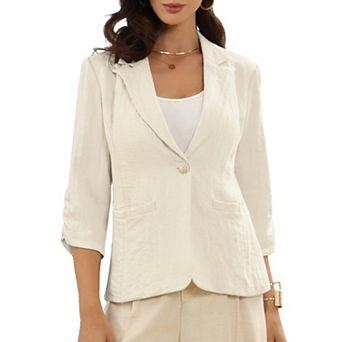 Linen Blazer for Women's Notch Lapel One Button 3/4 Sleeve Casual Work Business Suit Jackets
