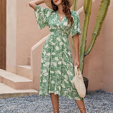 Women's Summer Casual Ruffle Short Sleeve Boho Printed Midi Dress V Neck Button Beach Long Dress