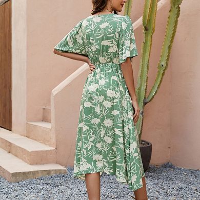 Women's Summer Casual Ruffle Short Sleeve Boho Printed Midi Dress V Neck Button Beach Long Dress