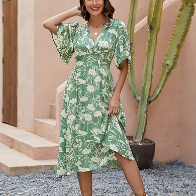 Women's Summer Casual Ruffle Short Sleeve Boho Printed Midi Dress V Neck Button Beach Long Dress