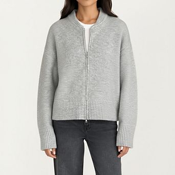 Women's Zip Front Rib Knit Pullover Top with Structured Cuffs and Textured Hem
