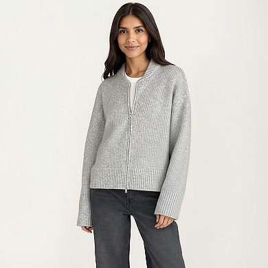 Women's Zip Front Rib Knit Pullover Top with Structured Cuffs and Textured Hem