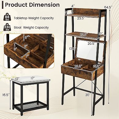 Costway Vanity Table Set Flip Top Mirror Ladder Storage Shelf Cushioned Stool