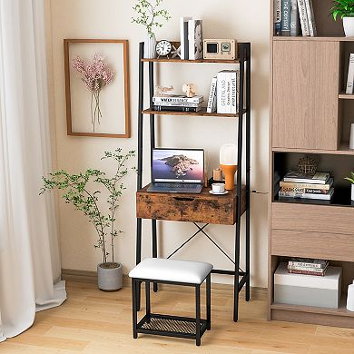 Costway Vanity Table Set Flip Top Mirror Ladder Storage Shelf Cushioned Stool