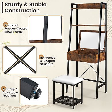 Costway Vanity Table Set Flip Top Mirror Ladder Storage Shelf Cushioned Stool