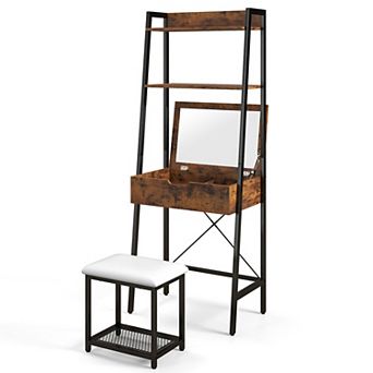 Costway Vanity Table Set Flip Top Mirror Ladder Storage Shelf Cushioned Stool