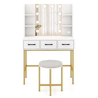 Costway Vanity Desk with Mirror Lights Power Outlets 4 Open Shelves 3 Storage Drawers