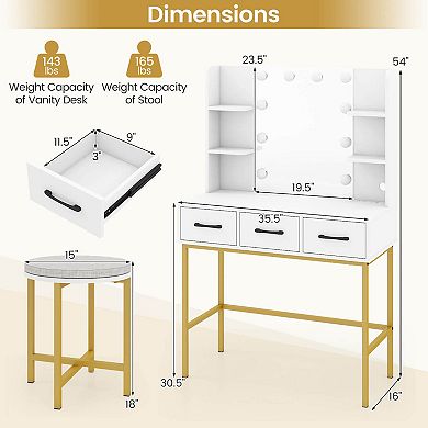 Costway Vanity Desk with Mirror Lights Power Outlets 4 Open Shelves 3 Storage Drawers