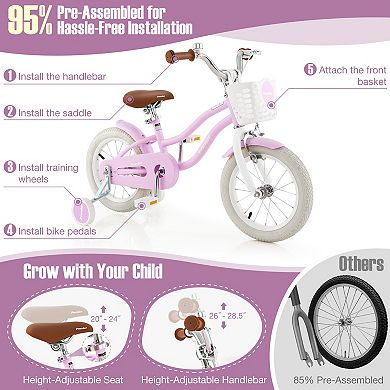 14 Inch Kid's Bike with Removable Training Wheels and Basket-Purple