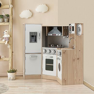 Gymax Kids Corner Wooden Kitchen Playset Pretend Cooking Toy w/ Cookware Accessories