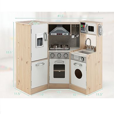 Gymax Kids Corner Wooden Kitchen Playset Pretend Cooking Toy w/ Cookware Accessories