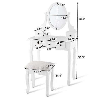 Costway Makeup Desk Vanity Dressing Table Oval Stool 5 Storage Drawers