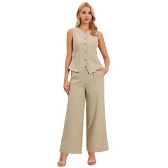 Two Piece Outfits for Women's Linen Vest Waistcoat Dressy Casual Sets Wide Leg Pants Suits