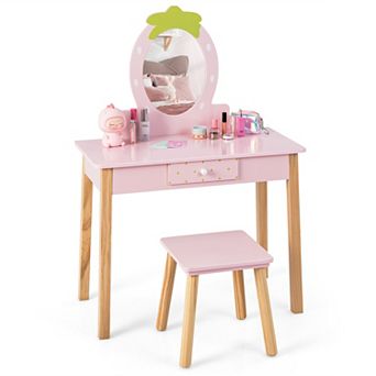 Costway Kid Vanity Table Stool Set with Mirror Wooden Legs Storage Drawer Pink