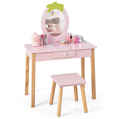 childrens pink dressing table Costway 2-Piece Wood Top Pink Kid Vanity Table Chair Set with Mirror Large  Storage Drawers HCST02740