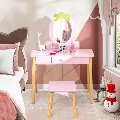 Costway Kid Vanity Table Stool Set with Mirror Wooden Legs Storage Drawer Pink