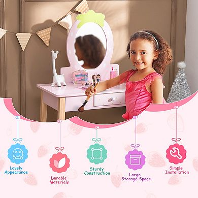 Costway Kid Vanity Table Stool Set with Mirror Wooden Legs Storage Drawer Pink