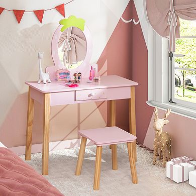 Costway Kid Vanity Table Stool Set with Mirror Wooden Legs Storage Drawer Pink