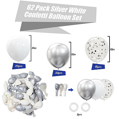 62Pcs Party Decorations Balloons Kit 12 Inch Silver White Confetti Balloons For Graduation Wedding