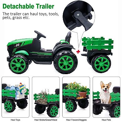 12V Kids Ride-On Tractor with Trailer, Remote Control, LED Lights & Music