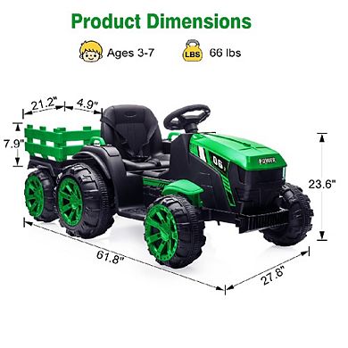 12V Kids Ride-On Tractor with Trailer, Remote Control, LED Lights & Music