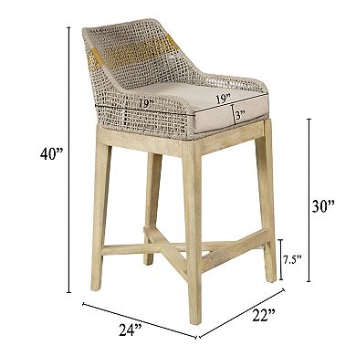 Avira 30 Inch Barstool Chair, Handcrafted Mango Wood, Cotton Rope Weaving, Beige Cushion