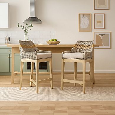 Avira 30 Inch Barstool Chair, Handcrafted Mango Wood, Cotton Rope Weaving, Beige Cushion