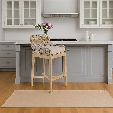 Avira 30 Inch Barstool Chair, Handcrafted Mango Wood, Cotton Rope Weaving, Beige Cushion