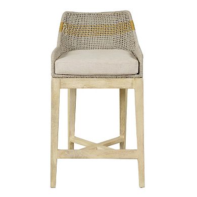 Avira 30 Inch Barstool Chair, Handcrafted Mango Wood, Cotton Rope Weaving, Beige Cushion