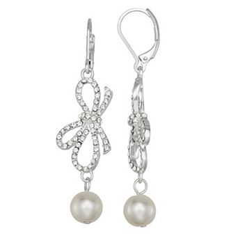 You're Invited Simulated Pearl & Simulated Crystal Bow Drop Earrings