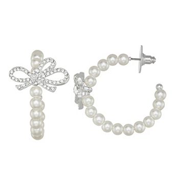 You're Invited Simulated Pearl Bow Hoop Earrings