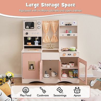 Gymax Kids Play Kitchen Pretend Playset w/ 2 Curtains & 16 Pcs Play Accessories Pink