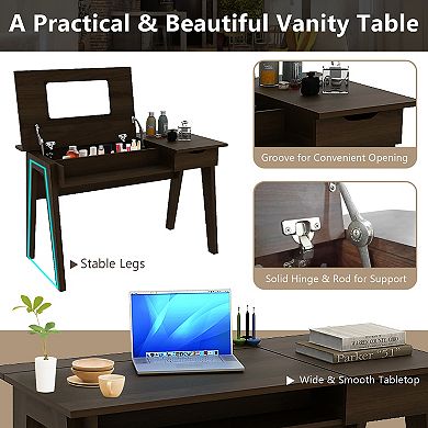 Costway Vanity Table with Flip Mirror Writing Computer Desk Storage Drawer Walnut