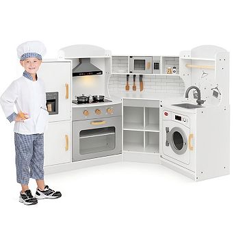 Wooden Corner Play Kitchen Set with Utensils Storage and Realistic Appliances