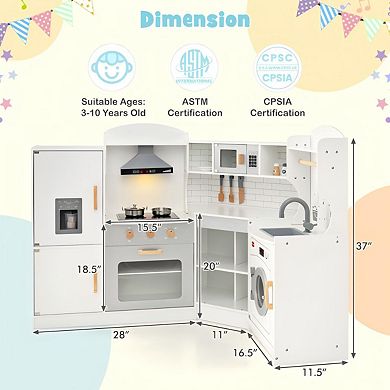Wooden Corner Play Kitchen Set with Utensils Storage and Realistic Appliances